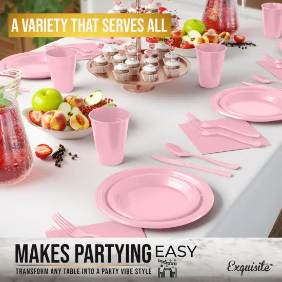 Exquisite 182 Pcs Plastic Plates for Party &ndash; Disposable Plates Set &ndash; 26 Each of 9" Dinner Plates, 7" Dessert Plates, Plastic Cups, Napkins & Plastic Cutlery &ndash; Plastic Dinnerware by Party Solids Pink {5}