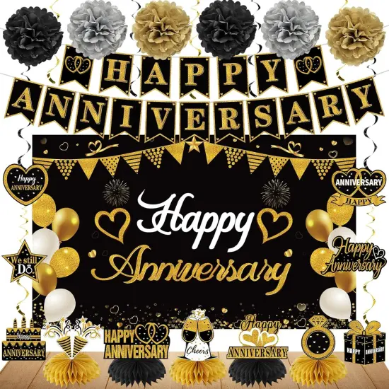 Happy Anniversary Decorations &ndash; Black & Gold Kit with Banner, Backdrop, Centerpieces & Swirls {1}