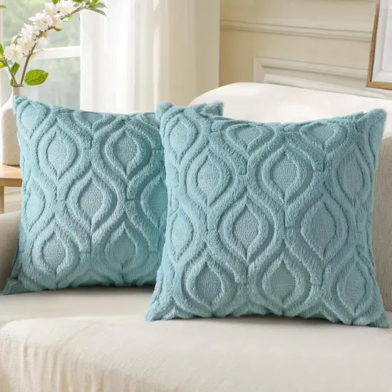 Throw Pillow Covers 18x18 Inch Set of 2, Soft Plush Faux Wool Aqua Couch Pillow Covers, Spring Solid Dyed Accent Pillow Cases for Sofa Bed Living Room Home Decor {1}