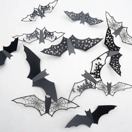 24Pcs 3D Bat Wall Stickers - Halloween Decor With Hollow Out Castle, Star, Moon Design {1}