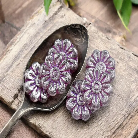 *6* 18mm Purple Washed Transparent Silver Lavender Daisy Flower Beads {2}