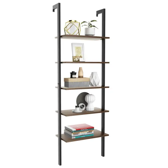 Steel Ladder Bookshelf, 5-Tier Wall-Mount Shelf Organizer for Home Dark Brown {5}