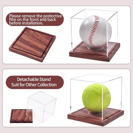 Baseball Display Case, No Assembly Required Clear Cube Tennis Ball Holder with Solid Wooden Base, Autograph Baseball Stand Box for Single Ball (1 Pack) {3}