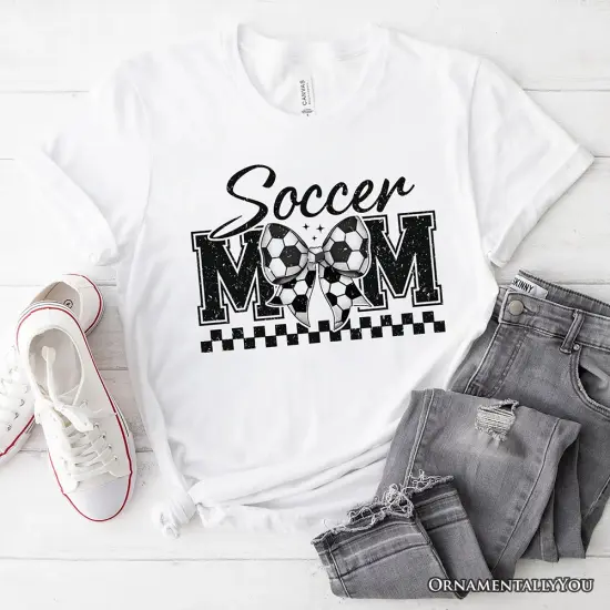 Soccer Mom Coquette Bow Retro T-Shirt, Stylish Game Day White Tee for Trendy and Proud Sports Mothers {6}