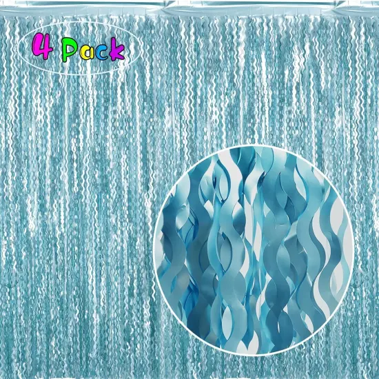 4 Pack Wavy Blue Foil Fringe Curtain 3.3x6.6 Feet | Blue Streamers Tinsel Backdrop for Under The Sea Party Decorations | Ocean Backdrop | Mermaid Birthday Decorations {2}