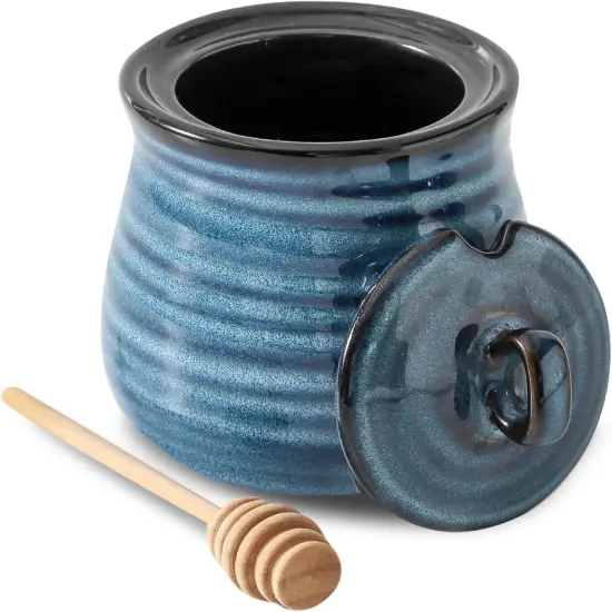 12 Ounce Honey Jar and Dipper Set,Porcelain Honey Pot with Lid and Wooden Dipper,Cute Honey Containers for Party,Holiday,Halloween Favors,Farmhouse Kitchen Decor,Dishwasher Safe,Blue {1}