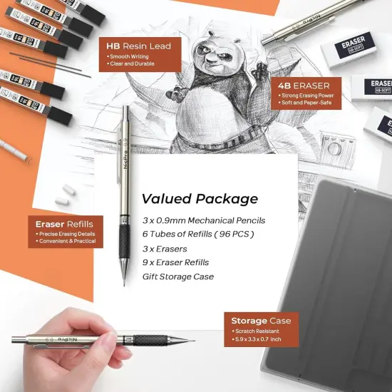RG1000 0.9 mm Art Mechanical Pencil Set in Storage Case, 3 PCS Metal Drafting Pencil Lead Pencil with 6 Tube HB Refills, 3 Erasers, 9 PCS Eraser Refills for Artist Writing, Drawing, Sketching {4}