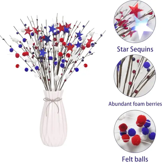 18 Pack Patriotic Artificial Berry Stems 23.6" 4th of July Floral Picks Red White Blue Stars Pip Berry Spray with Felt Balls for Home Office Vase Table Centerpiece 4th of July Decor {2}