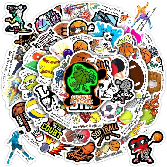Glow in The Dark Cool Ball Mixed Sports Stickers for Water Bottle s, Waterproof Vinyl Soccer Basketball Volleyball Badminton Laptop Decals, Kids Teens Adults Skateboard Helmets Luggage Decor {1}