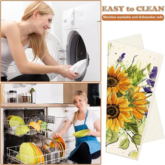 4Pcs Watercolor Sunflower Swedish Kitchen Dishcloth Summer Floral Cotton Kitchen Towel Reusable Absorbent Dish Towel for Home Kitchen Housewarming Cleaning, 7 x 8 Inch {5}
