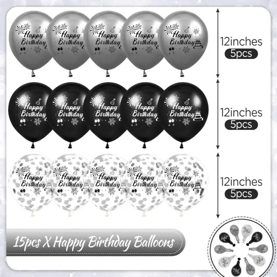 Black Silver Birthday Balloons Decorations 15pcs Happy Birthday Party Latex Confetti Balloons {2}