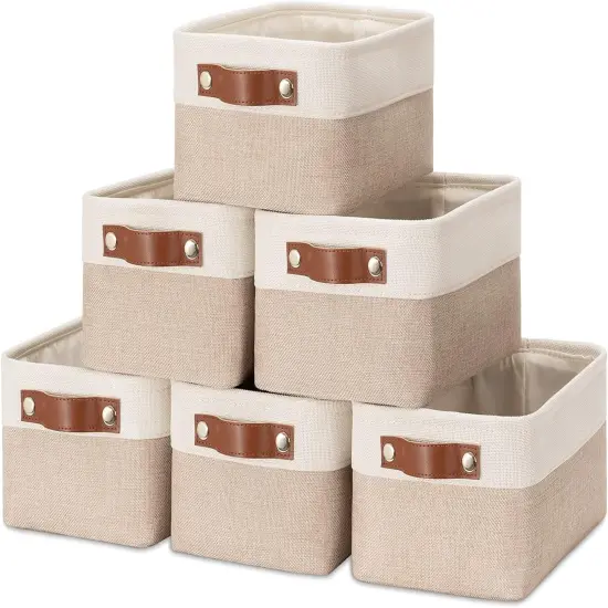 Summer Fabric Baskets for Organizing(6 pack) Collapsible Storage Baskets for Shelves, Closets, Laundry, Nursery, Decorative Baskets for Gifts Empty (White&Khaki, 11.8" x 7.8" x 5.1") {1}
