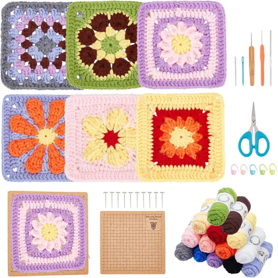 Crochet Daisy Flower Granny Square Crochet kit for Beginners Adult, 6 in 1 Handmade Crochet Coasters kit Complete Knitting Kit with Step-by-Step Video Tutorials Yarns Crochet Hook {1}