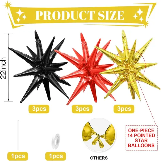 Black Red Gold Star Balloons,9Pcs Black Gold Explosion Star Foil Balloons,22Inch Spike Cone Star Helium Mylar Balloons for Birthday Anniversary Baby Shower New Year Disco Party Decorations {2}