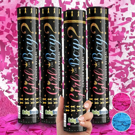 Gender Reveal Confetti Powder Cannon Biodegradable Baby Boy Blue Baby Girl Pink Gender Reveal Poppers - He or She What Will it Bee Baby Shower Baby Party Decorations Supplies Confetti Sticks (4 Pink) {1}