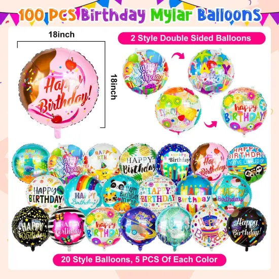 100 Pcs Happy Birthday Mylar Balloons, 18IN Round Birthday Helium Aluminum Foil Balloons {2}