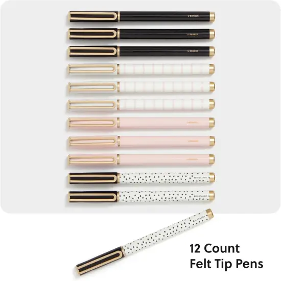 Felt Tip Pens, Set of 12, Stripes and Dots with Gold Details, Medium (0.7 mm) Point, Black Ink {2}