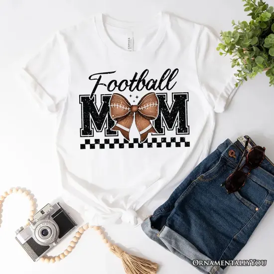 Football Mom Coquette Bow Retro T-Shirt, Stylish Game Day White Tee for Trendy and Proud Sports Mothers {2}