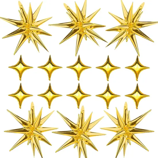 Gold Star Foil Balloons Kit with 6 Pack 12 Point Star Balloons Starburst Cone Balloons Spike Balloons and 10Pcs Four Pointed Star Balloos for Wedding Baby Shower Photo Booth Birthday Party Supplies {1}