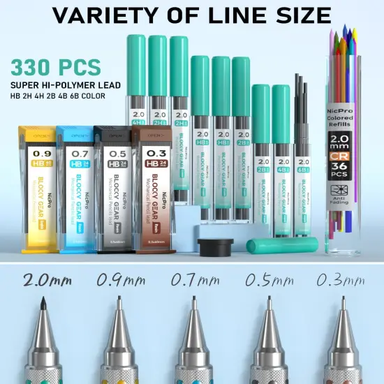 Blocky Gear Metal Mechanical Pencil Set in Leather Case, 29PCS Art Drafting Pencils 0.3, 0.5, 0.7, 0.9&2mm Lead Pencil with 330PCS Lead (HB 2H 4H 2B 4B 6B Color) For Writing Sketching Drawing {5}