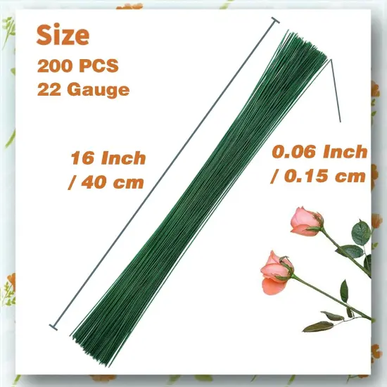 200 Pcs Floral Flower Stem Wire,16 Inch 22 Gauge Flower Paper Wrapped Wire,Green Crafting Floral Stem for Flower Arrangements DIY,Bouquent Stem Wrapping and Crafts {4}