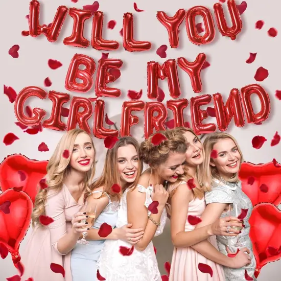 Will You Be My Girlfriend - Letter Foil Balloons Decorations 4 Pcs Red Heart Balloon and 500 Pcs Artificial Rose Petals For Proposal Wedding Valentine Day Decor Supplies {4}