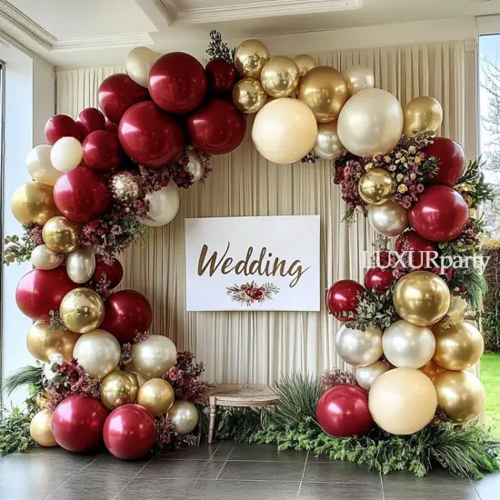 Burgundy Gold Balloons Garland Double Stuffed Wine Red Sand White Metallic Gold Latex Balloons Arch Kit {3}