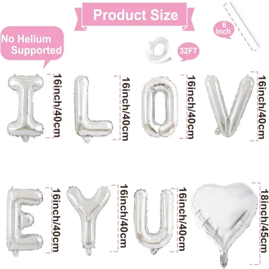 16 Inches Silver 'I LOVE YOU' Balloons Banner - Mylar Letter Balloons with 2 Heart Shaped Foil Balloons for Romantic Decorations, Anniversaries, Engagements, Proposals, and Valentine's Day Decor {2}