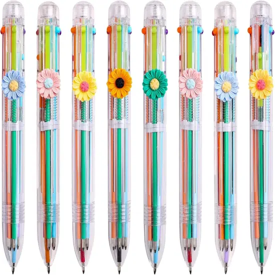 Multicolor Pens 0.5, 6-in-1 Daisy Flower Ballpoint Pens,Ballpoint Gift Clear Barrel Pens for Office School Supplies Students Planner Journaling,Assorted Ink. (8) {1}