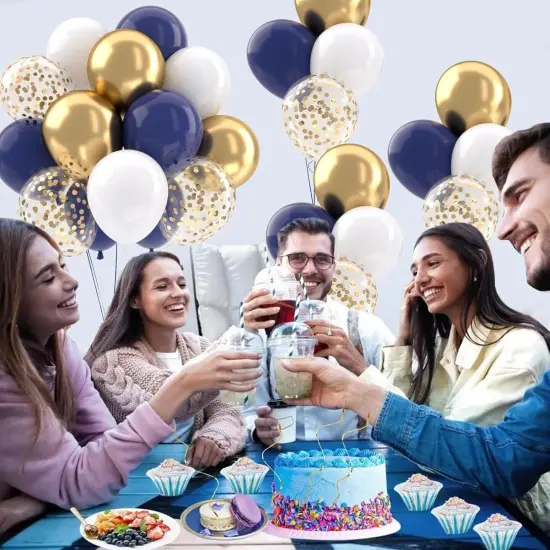 Navy Blue Gold Balloons Set, 50 pcs 12 inch Metallic Gold Navy Blue White Confetti Latex Balloons Kit {4}