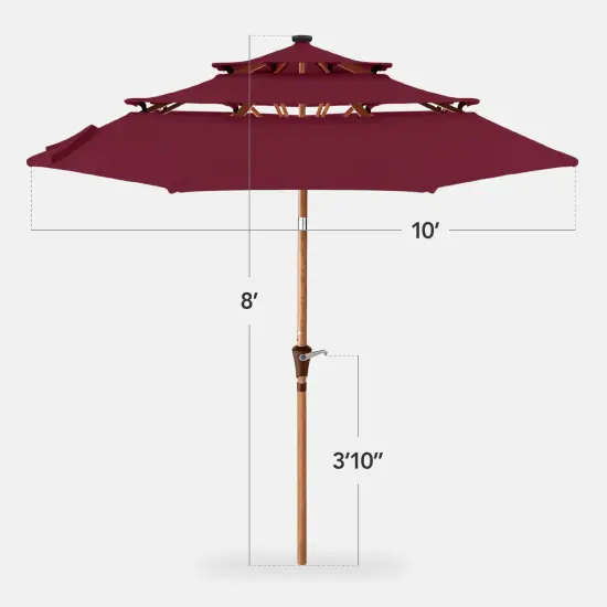 Best Choice Products Woodgrain Pattern 10ft 3-Tier Solar Patio Umbrella w/ 24 LED Lights, Tilt Burgundy {2}