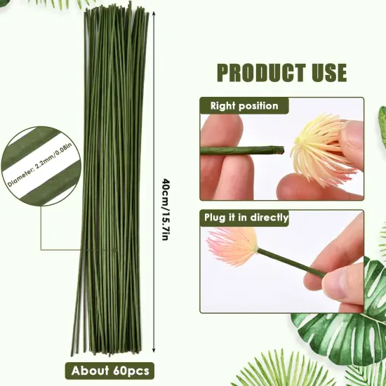 60 Pack Floral Wire Stems, 16 Inch Artificial Flower Rods for Bouquet, Wire Wreath Making Supplies {5}