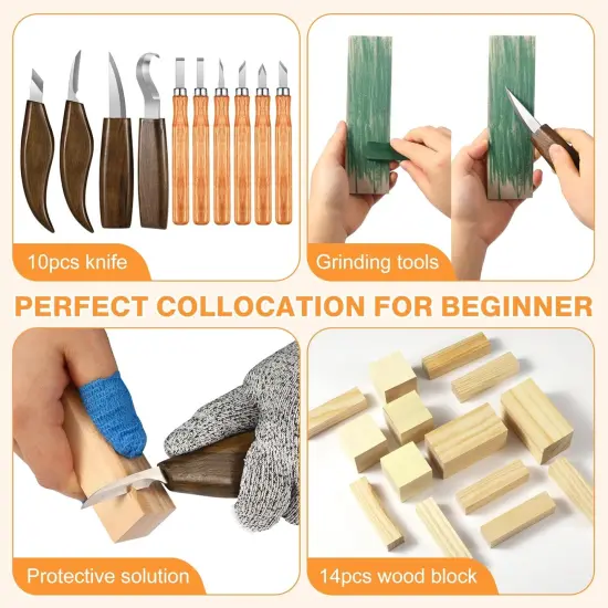 42PCS Wood Carving Kit for Beginners,14 Basswood, Wood Whittling Kits for Beginner and Kids, Wood Carving Tools with Safety Protection. 10pcs Carving Knife with 14pcs Basswood Block. {5}