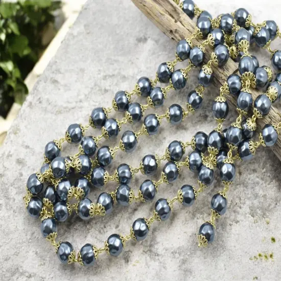 10mm Czech Glass Blue Pearl Chain w/Gold Caps {3}