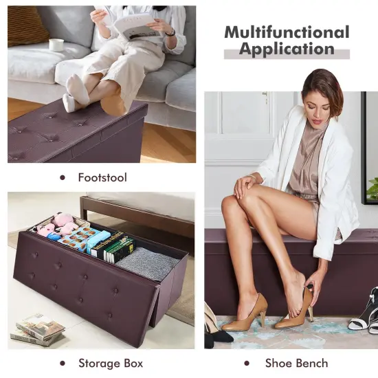 45 Inches Faux Leather Foldable Ottoman Storage Bench with Thick Sponge Padded Seat Brown {5}