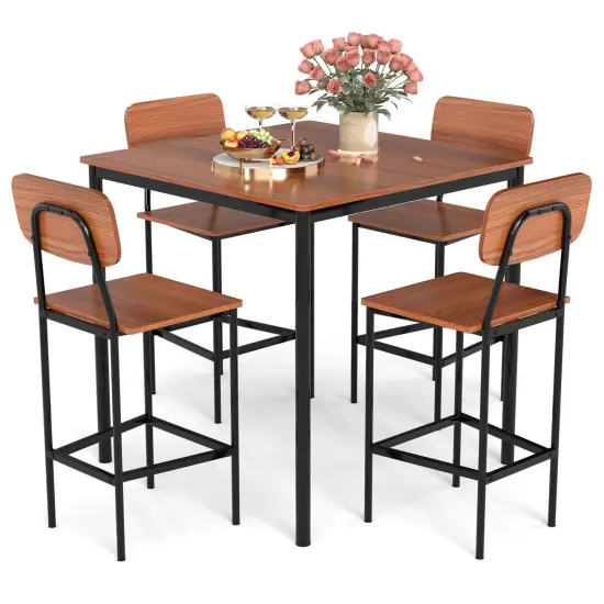 Costway 5-Piece Industrial Dining Table Set with Counter Height Table & 4 Bar Stools Black/Grey/Walnut {9}