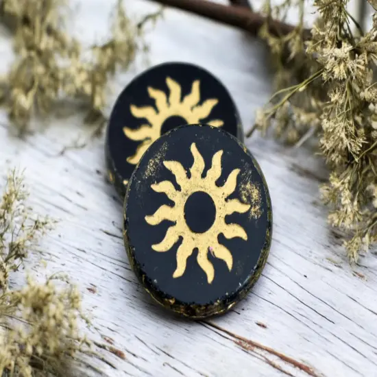 *2* 21mm Gold Washed Jet Picasso Table Cut Sun Design Coin Beads {4}