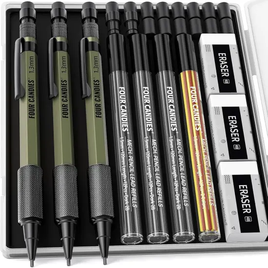 1.3mm Mechanical Pencil Set with 48 Lead Refill, 3PCS Metal Weatherproof Body Heavy Duty Carpenter Pencil, 3 Eraser, 12 Eraser Refill, for Outdoor Woodworking Drafting Marking with Case {1}