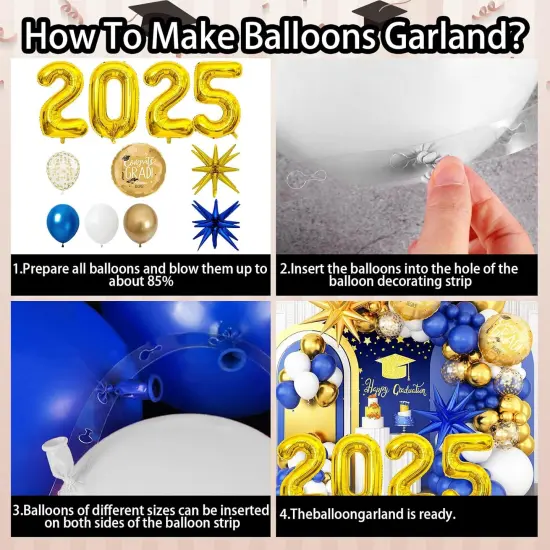 Graduation Balloons Garland Arch Kit, Graduation Balloons Class of 2025, Navy Blue and Gold White Latex Balloons with Graduation Class Foil Balloons for 2025 Graduation Party Decor {2}