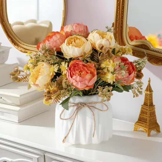 Faux Flowers with Vase,Artificial Silk Flowers in Ceramic Vase,Small Fake Flower Arrangement for Home Office Kitchen Bathroom Coffee Dining Table Centerpiece Decor (Orange,Chrysanthemum) {4}