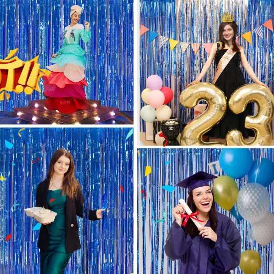 Blue Streamers Party Decorations 3.3x8.2ft, 2 Pack Dark Blue Tinsel Backdrop for Ocean Themed Party Decor, Glitter Blue Foil Fringe Curtains for Door Decorations Hanging Birthday Baby Shower Halloween {4}