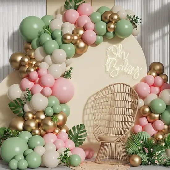 All In One 138pcs Sage Green Pink Balloons Arch Garland Kit, 5 10 12 18inch Different Size Latex Balloon Wedding Boho Girls Woodland Baby Shower Jungle Safari Birthday Party {1}