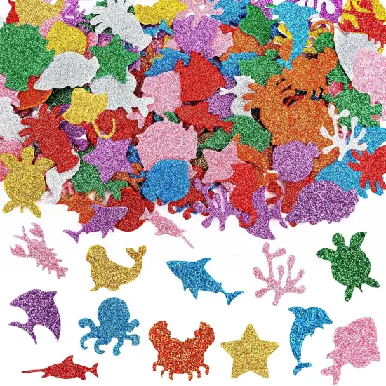 300 Pieces Glitter Sea Animal Foam Stickers, Colorful Ocean Sea Fish Foam Stickers Bulk Self-Adhesive for Arts Crafts Ocean Theme Party Favors Decoration Home DIY Supplies {1}