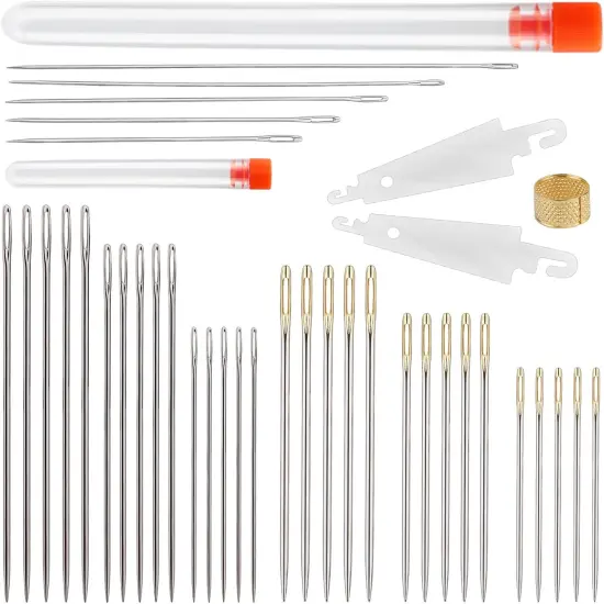 40 Pcs Large Eye Hand Sewing Needles Set Long Sewing Needles Big Eye Stitching Needles Sharp Embroidery Needles with Thimble Threader and Storage Tube for Quilting Darning and Art Crafts {1}