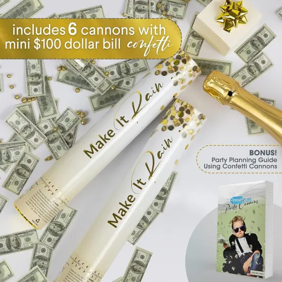 Confetti Cannon Party Poppers - Money Confetti Poppers - 6 Pack - Bulk Mini 100 Dollar Bills Party Cannons Shooters Gun for Wedding, Birthdays, Celebrations {1}