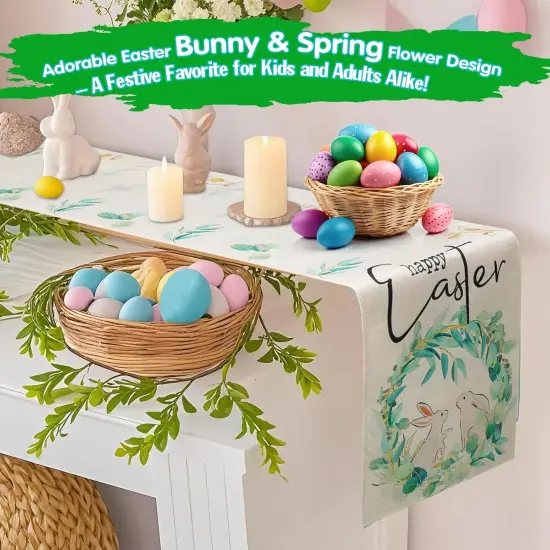 Easter Table Runner, Bunny Rabbit Flowers Leaves Green Easter Table Runners 72 Inches, Farmhouse Spring Kitchen Dining Table Decoration for Home Party Decor {4}