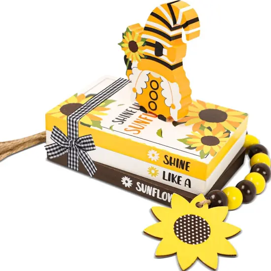 5 Pieces Sunflower Tiered Tray Decor Summer Wood Table Sign Rustic Book Stack with Gnome Wood Bead Tassels Summer Wooden Tabletop Centerpiece Shelf Decoration for Farmhouse Decor {1}