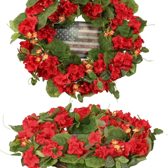 Patriotic Wreath for Front Door, 20-Inch 4th of July Wreath with Red Geraniums & American Flag, Memorial Day Independence Day USA Door Decoration, Outdoor Farmhouse Rustic Home D&eacute;cor {1}