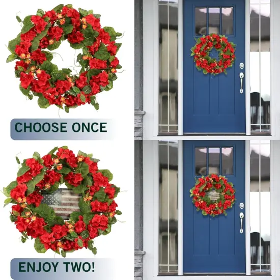 Patriotic Wreath for Front Door, 20-Inch 4th of July Wreath with Red Geraniums & American Flag, Memorial Day Independence Day USA Door Decoration, Outdoor Farmhouse Rustic Home D&eacute;cor {3}