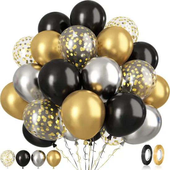 Black and Gold Balloons Latex Balloons, 60 Pcs 12 Inch Silver Gold Confetti Balloons with Ribbons for Birthday Graduation Black Gold Party Wedding Engagement Anniversary Festival Decoration {1}